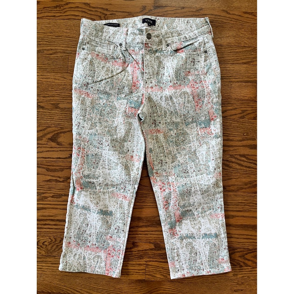 NYDJ Marilyn Straight Pants Womens 10 Abstract Paisley‎ Print Lift Tuck Cropped